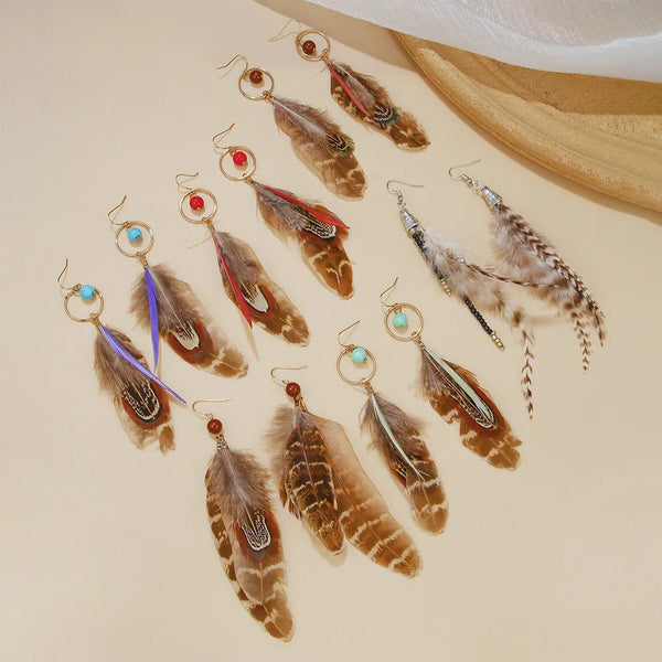Pendientes vintage sencillos y elegantes con plumas largas para mujer