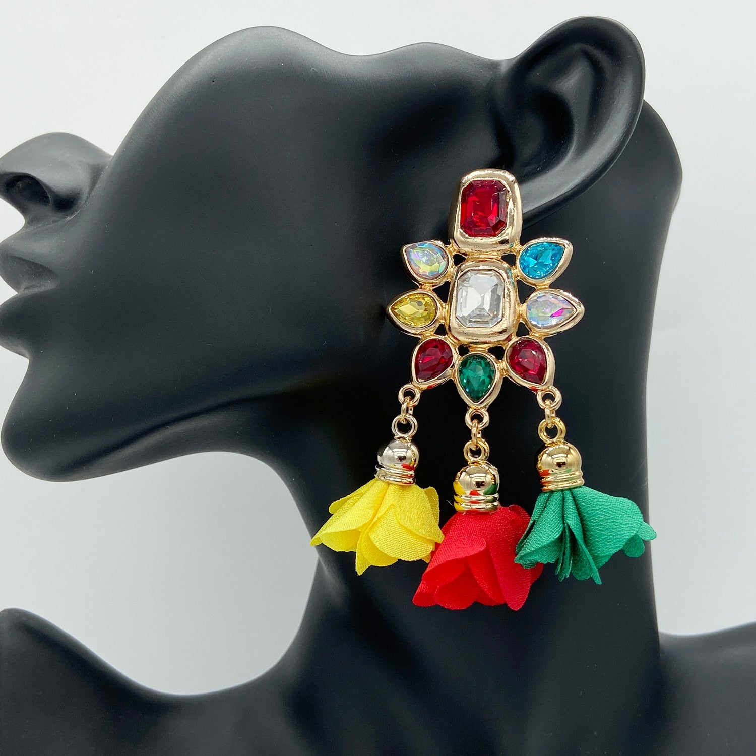 New Design Colorful Crystal Flower Tassel Earrings Statement Drop Dangle Earring for Women