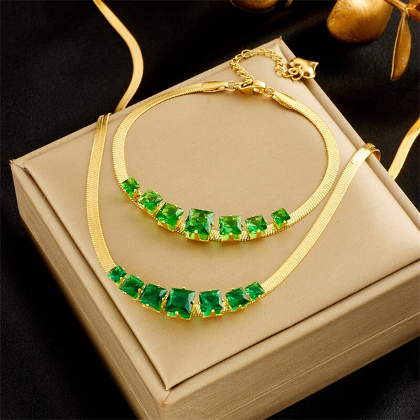 316L Stainless Steel Square Green Crystal Zircon Necklace Bracelets For Women