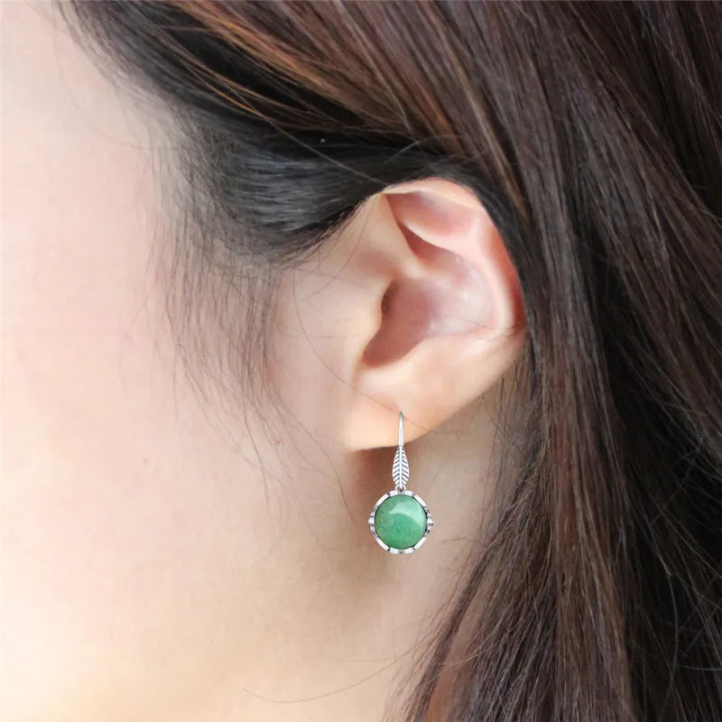 Vintage Look Round Natural Jades Quartz Earrings For Women