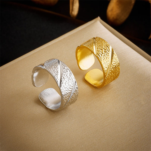 316L Stainless Steel Gold Color Irregular Relief Texture Open Ring For Women