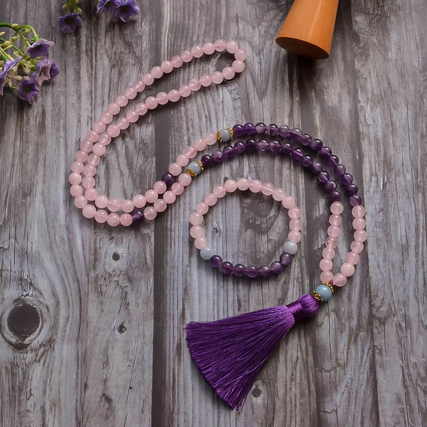 Collar Mala 108 con cuentas de cuarzo rosa y amatista natural de 8 mm para meditación