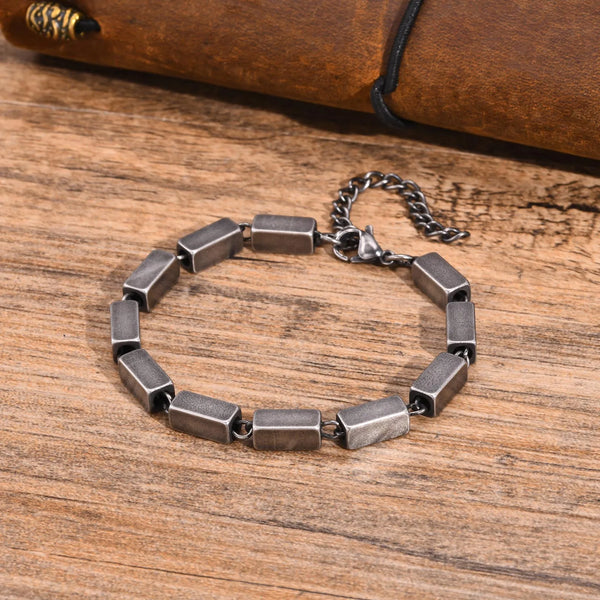 Geometric Chain Bracelet for Men, Vintage Silver Color Stainless Steel Square Wristband
