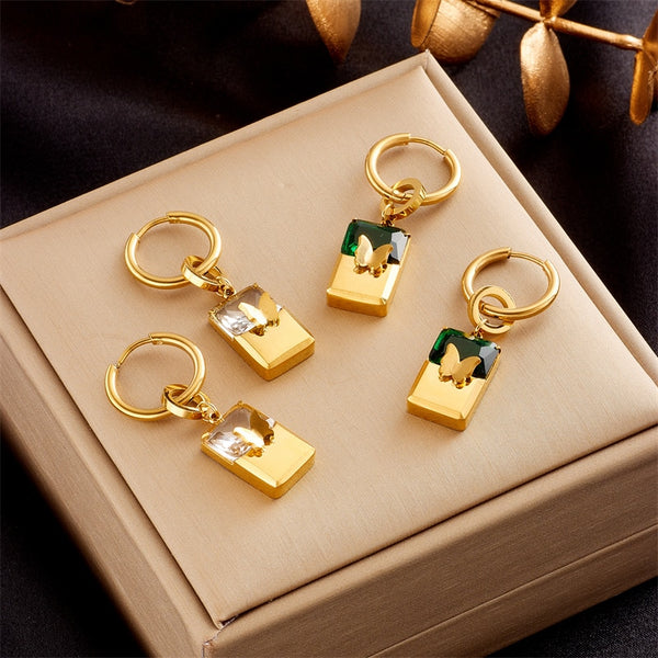 Pendientes de aro de acero inoxidable 316L con forma de mariposa y circonita verde para mujer