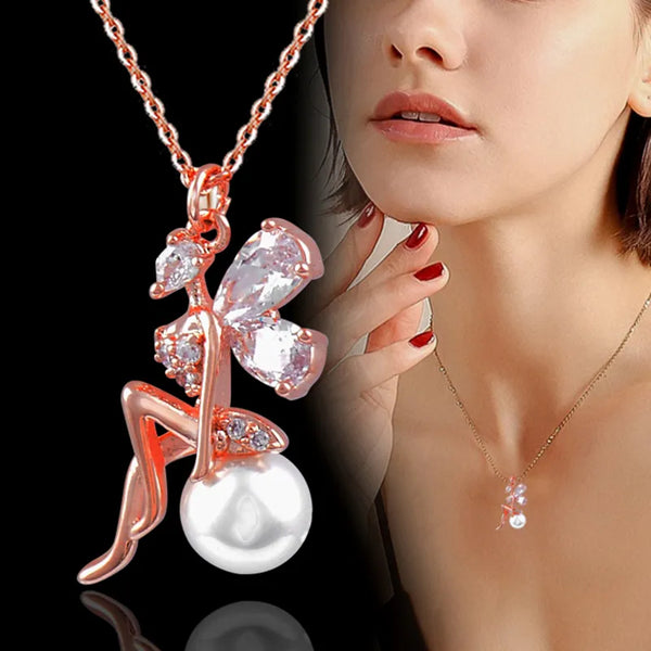 Lovely Crystal Angel Imitation Pearl Pendant Necklace For Women