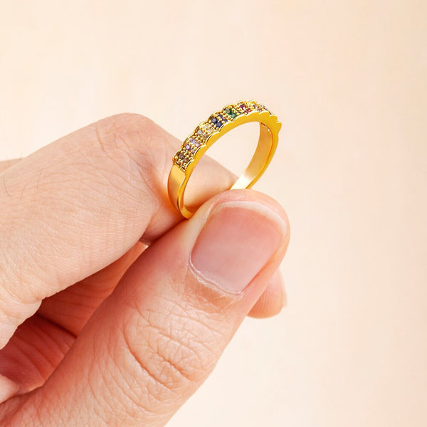 Anillo de cobre con circonitas y cristales de arcoíris geométricos de moda para mujer, 4 tamaños