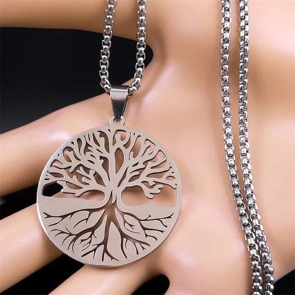 Collar de cadena con amuleto de la suerte de acero inoxidable color plata con diseño del árbol de la vida para mujeres y hombres.