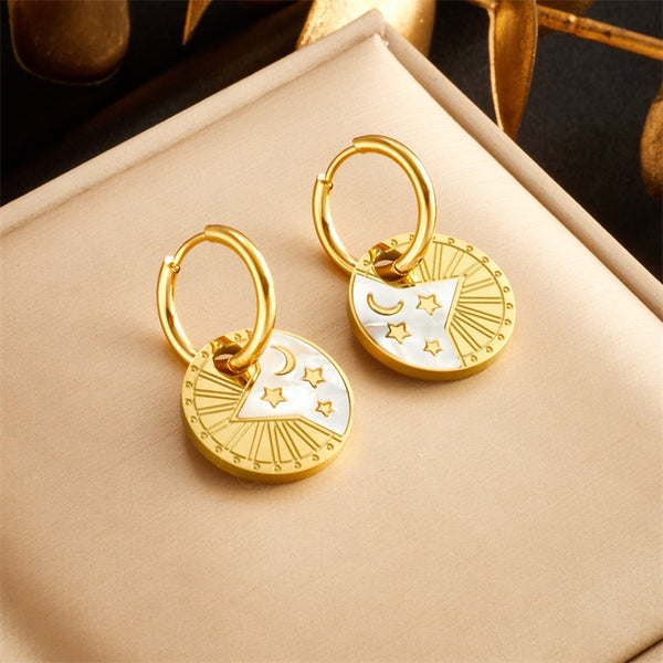 316L Stainless Steel Round Star Moon Charm Earrings For Women