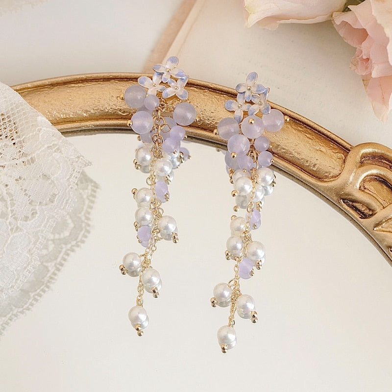 Korean Trendy Fresh Purple Flower Beads Drop Earrings For Women