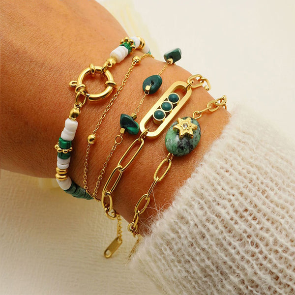 316L Stainless Steel Retro Green Stone Charm Bracelet For Women