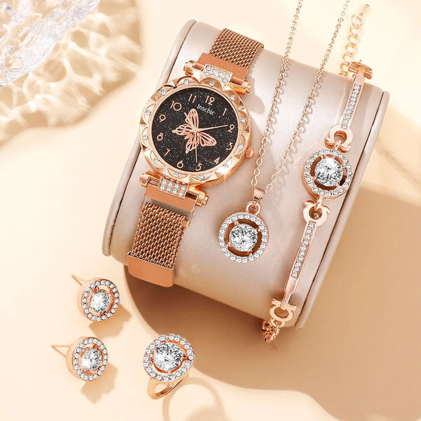 Reloj de lujo de oro rosa para mujer, conjunto de anillo, collar, pendientes, relojes y pulsera.