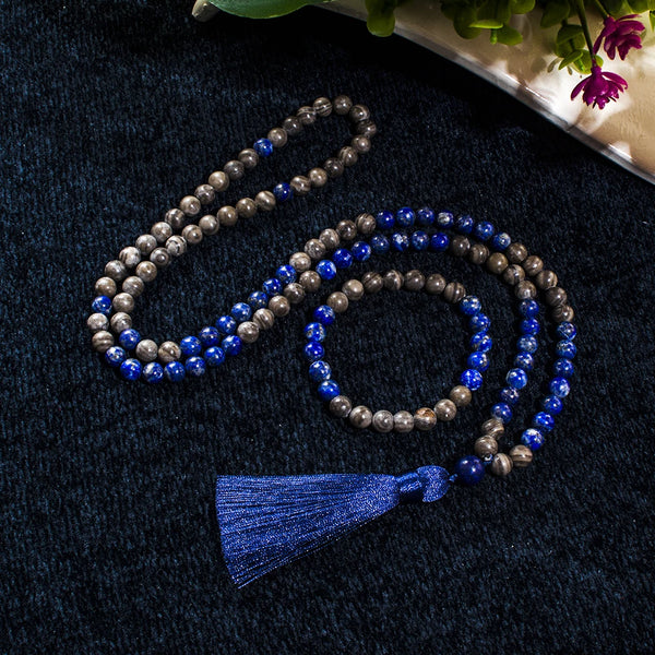 Collar de oración Mala de 8 mm con cuentas de piedra de lapislázuli natural con veta de madera, 108 cuentas, para meditación