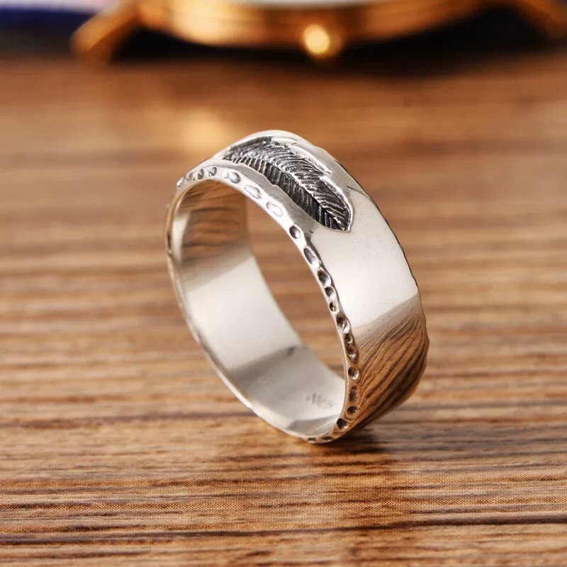 Unibabe 925 Sterling Silver Jewelry Creative Feather Ring Men Women