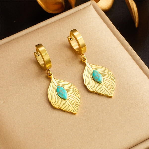 316L Stainless Steel Leaf Green Stone Earrings For Women