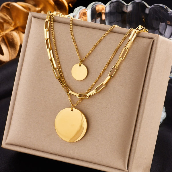 316L Stainless Steel Gold Color 3in1 Round Pendant Necklace For Women