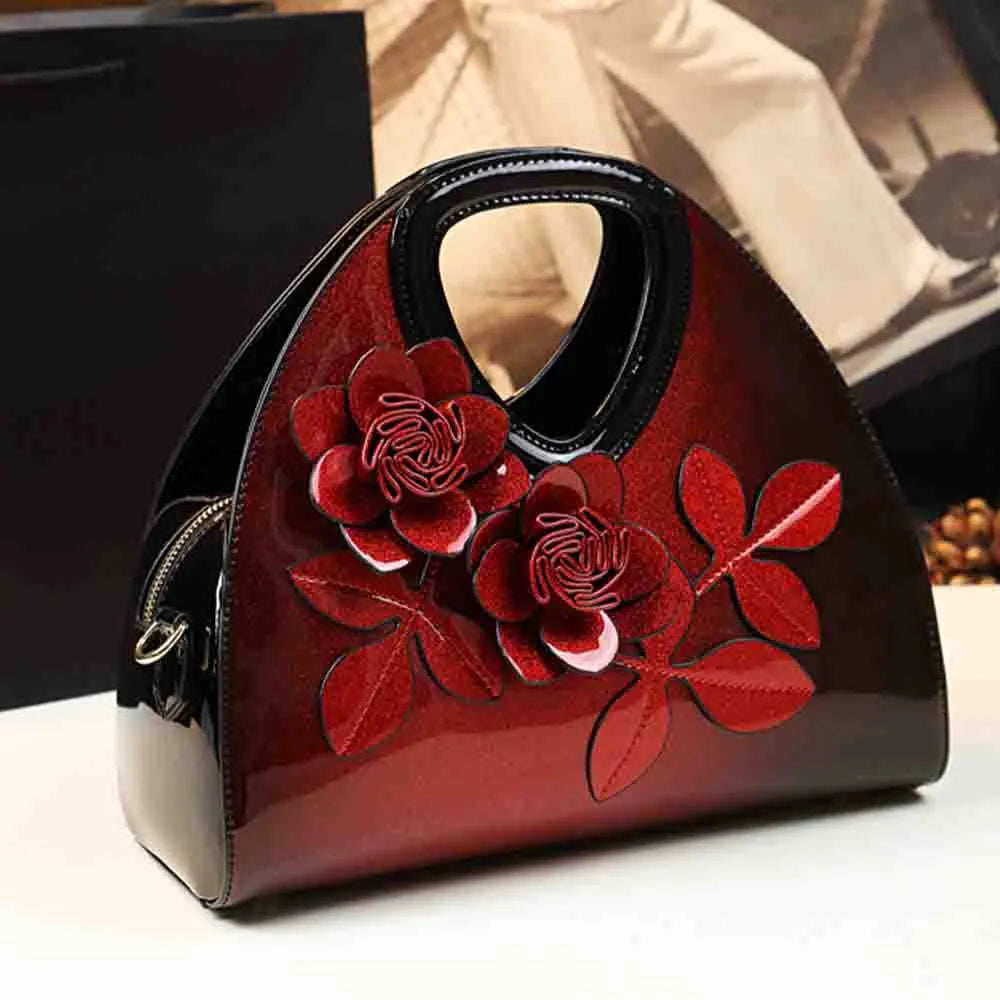 Fashion Women Evening Tote Bag Luxury Patent Leather Handbag Floral Appliques Pillow Bag