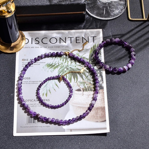Conjunto de gargantilla, collar, pulsera y tobillera con cuentas de amatista natural para mujer