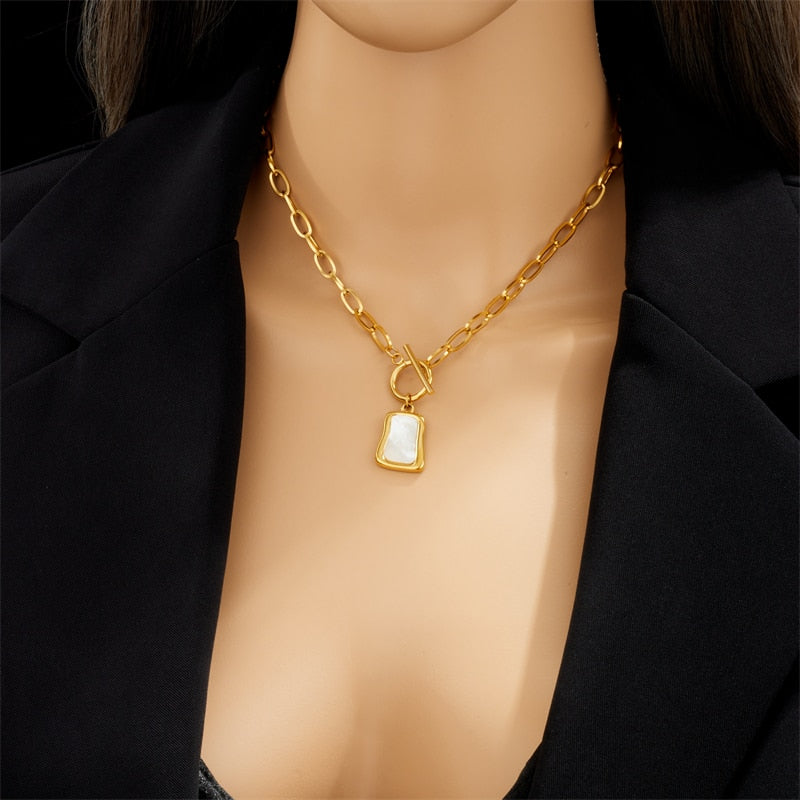 316L Stainless Steel Geometric Trapezoidal Pearl Oyster Pendant Necklace For Women