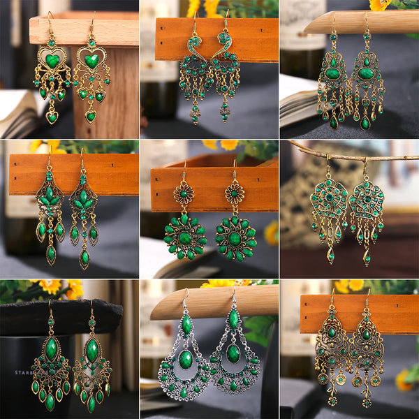 Pendientes colgantes étnicos de acrílico con diamantes de imitación verdes para mujer