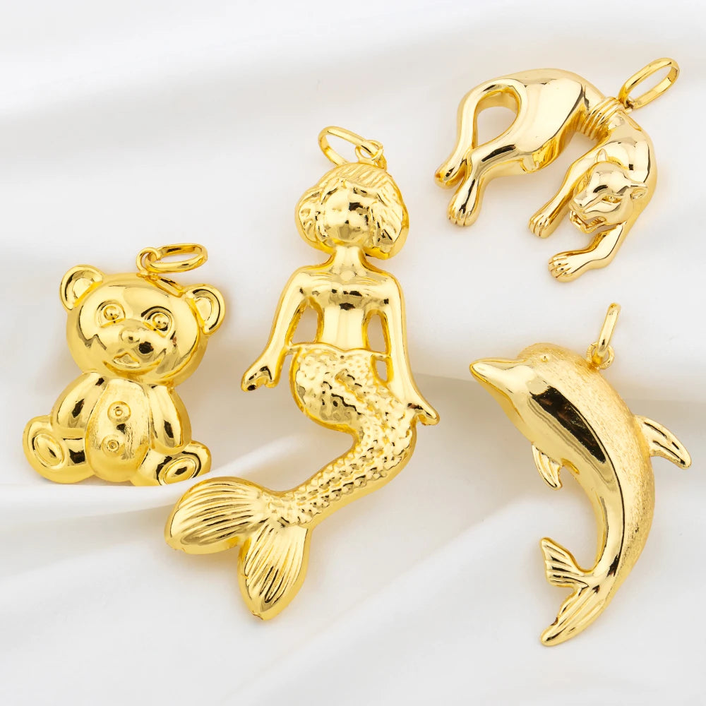 Gold Plated Pendant Copper Animal Mermaid Elephant Pattern Chain Pendant Women Men