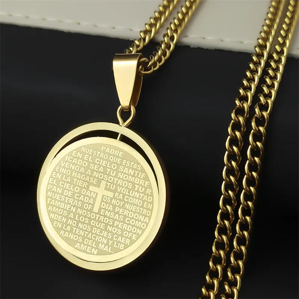 Collar con colgante de cruz de acero inoxidable con el Padrenuestro de la Biblia cristiana