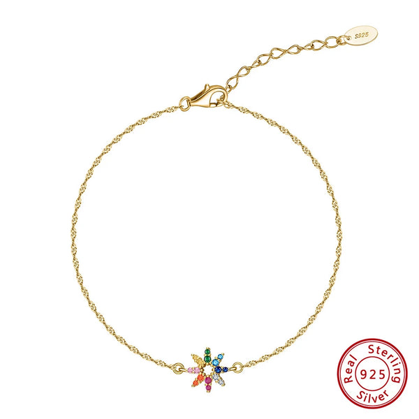 925 Sterling Silver Bracelet with Multi-Colors Clear CZ Flower Cut Chain for Women's