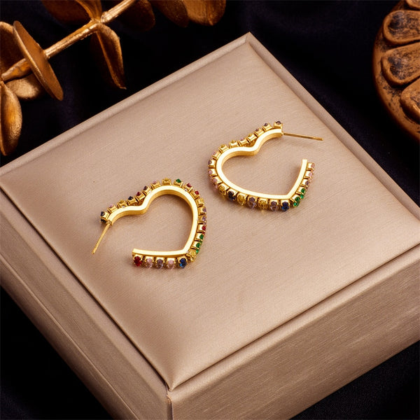 316L Stainless Steel Colorful Zircon Heart Stud Earrings For Women