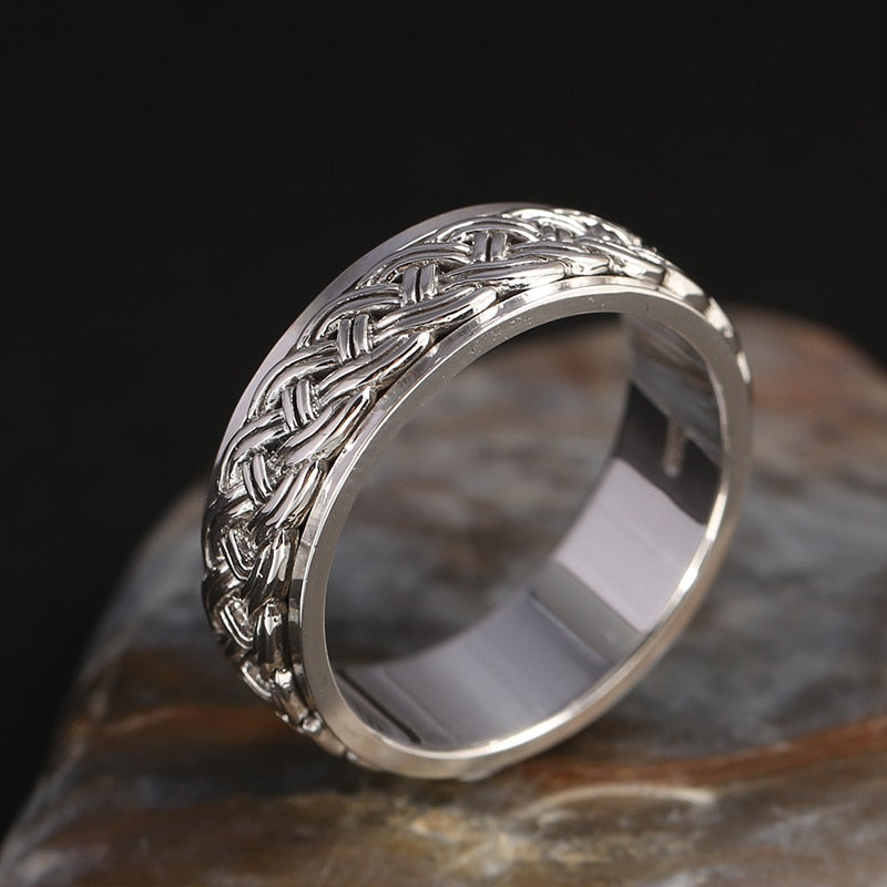 Unibabe Real S925 Sterling Silver Vintage Rotating Weaving Ring Men Women