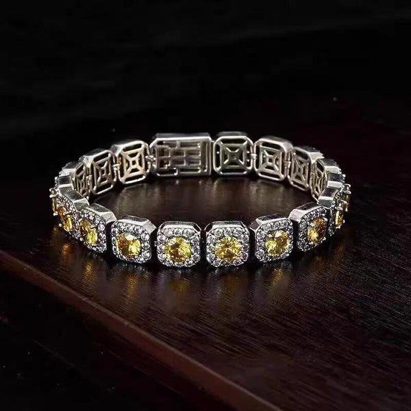 Pulsera de hombre INS de color plateado con diamantes amarillos de moda Rock Sugar para hombre