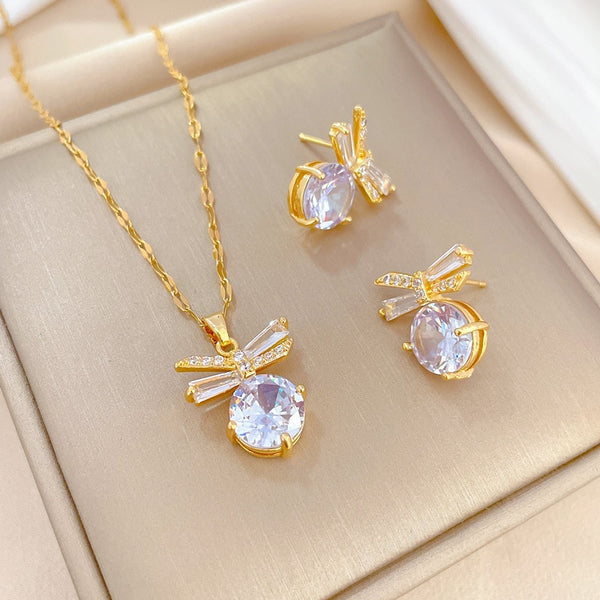 316L Stainless Steel Bow White Zircon Pendant Necklace Earrings For Women