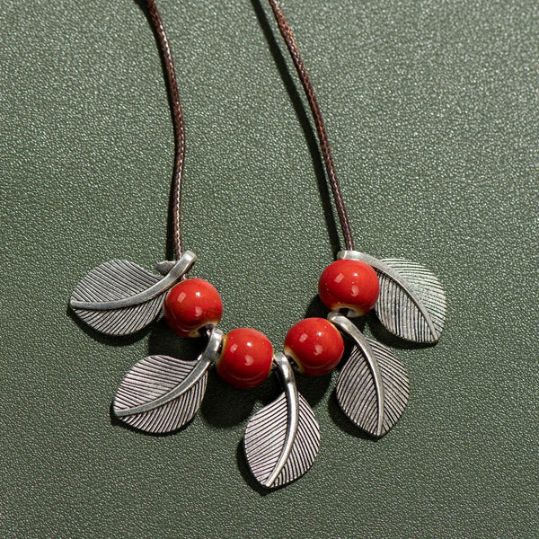 Bohemian Vintage Handmade Necklace Leaf Ceramic Beads Pendant