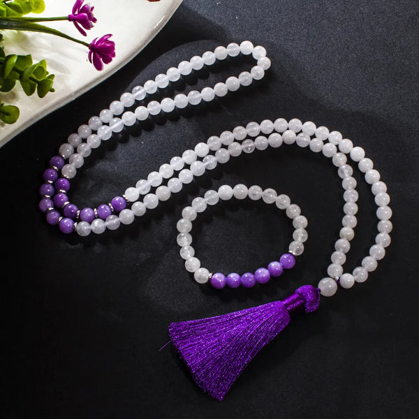 Collar mala 108 con cuentas de jade blanco de 8 mm para meditación, yoga y oración.