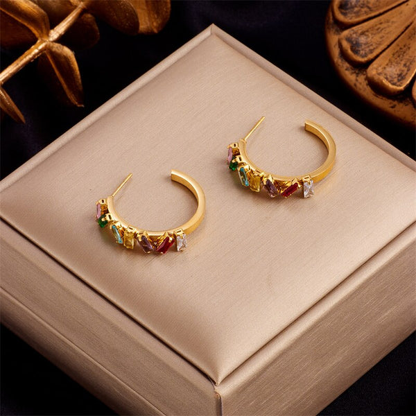 316L Stainless Steel Colorful Zircon Stud Earrings For Women