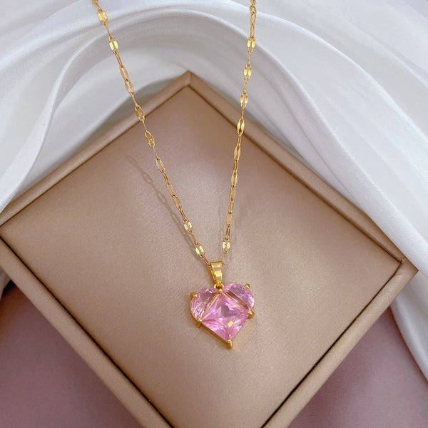 316L Stainless Steel Heart Pink Zircon Pendant Necklace For Women
