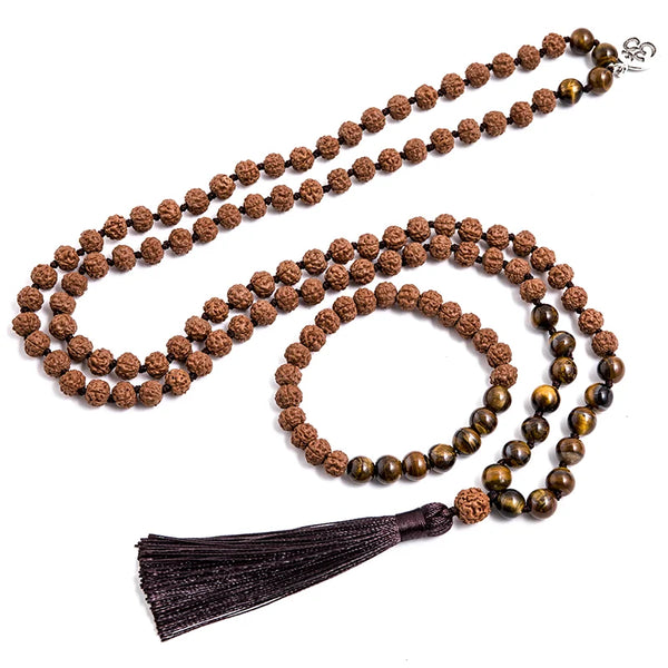 Collar Mala 108 anudado con cuentas de Rudraksha original y ojo de tigre amarillo para meditación