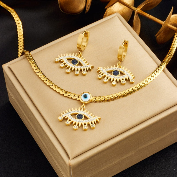 316L Stainless Steel Vintage Eye Zircon Pendant Necklace Earrings For Women