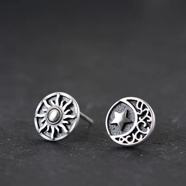 Pendientes de botón creativos de plata de ley 925 con diseño retro de sol y luna