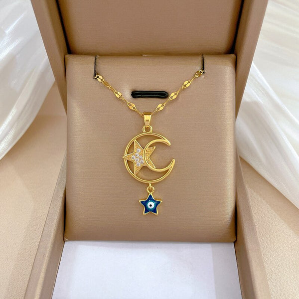 Collar con colgante de acero inoxidable 316L con forma de ojo de diablo, luna y estrella para mujer