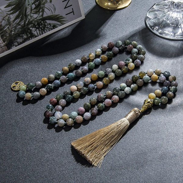Collar de 108 cuentas de mala anudadas de ágata india de 8 mm para meditación, yoga, oración y rosario de japamala.