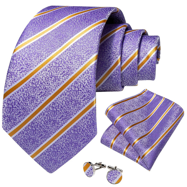 Corbata de seda de lujo para hombre de 8 cm con rayas doradas y moradas, pañuelo y gemelos