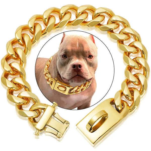Heavy Duty Gold Dog Collar with Solid Buckle 304 Stainless Steel Cuban Link Chain