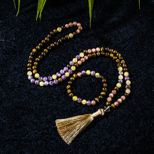 Collar Mala de 8 mm con cuentas de amatista y ojo de tigre amarillo, 108 cuentas, para meditación, yoga, oración, joyería, Japamala