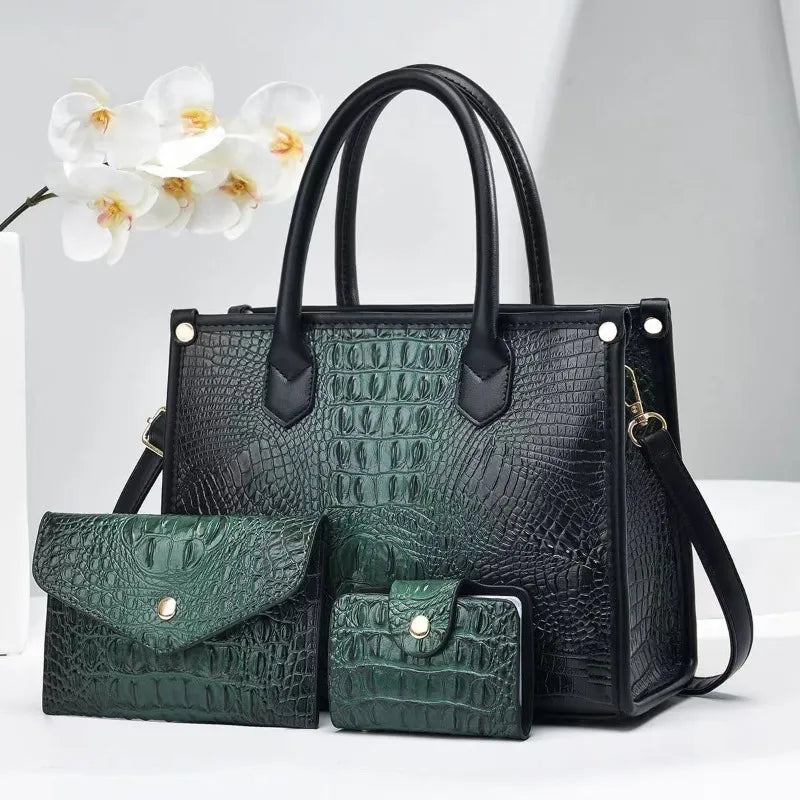 3 Pieces Sets Shoulder Bag for Women Retro Crocodile Pattern