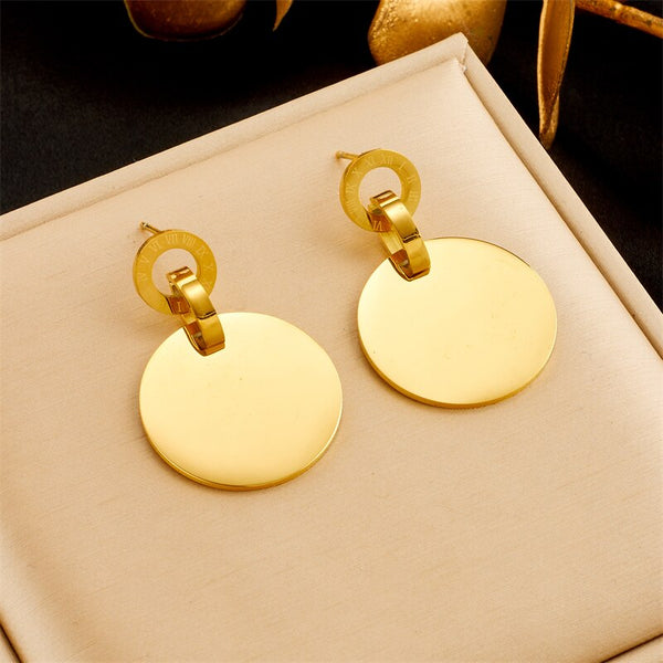 Pendientes colgantes redondos de acero inoxidable 316L color dorado brillante para mujer