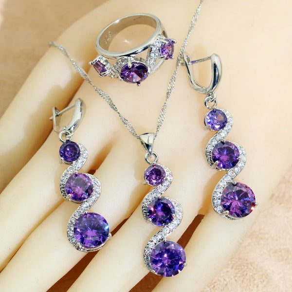 Silver 925  Purple Crystal Earrings Necklace Pendant Ring Wedding Gift