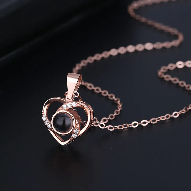 Projection Necklace With Rotating Rose Gift 100 Languages I Love You Heart Pendant Jewelry For Women