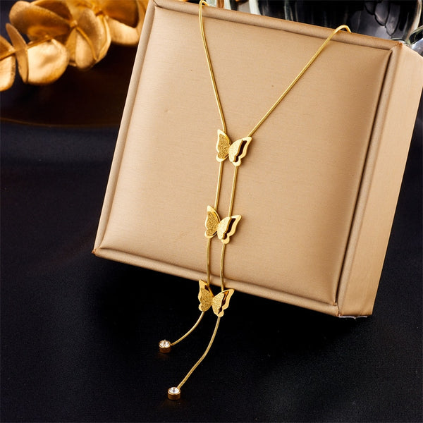 316L Stainless Steel Gold Color Butterfly Tassel Long Pendant Necklace For Women