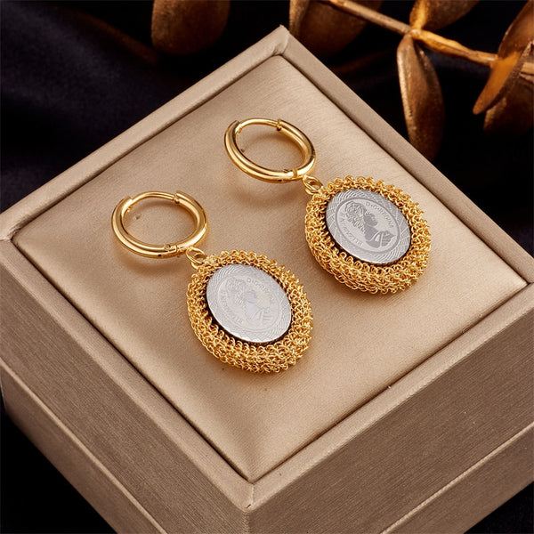 316L Stainless Steel Portrait Coin Hoop Earrings For Women
