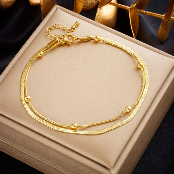 316L Stainless Steel Gold Color Double-Layer Anklets For Women