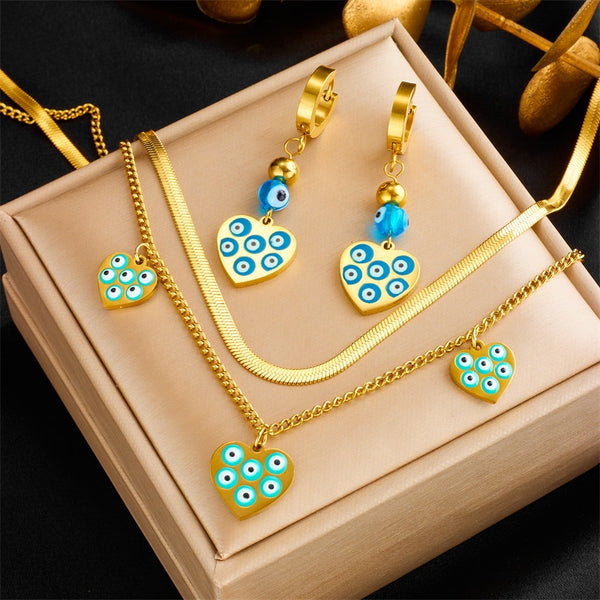 316L Stainless Steel Heart Shaped Eyes Necklace Earrings For Women